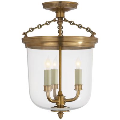 Thomas O'Brien Merchant Semi-Flush in Hand-Rubbed Antique Brass with Clear Glass Ceiling Light W11.25