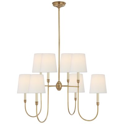 Thomas O'Brien Vendome Large Chandelier in Hand-Rubbed Antique Brass with Linen Shades Ceiling Light W35