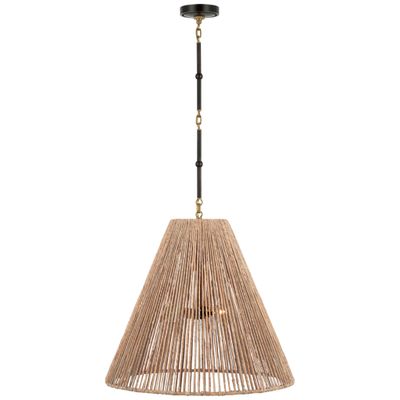Thomas O'Brien Goodman Large Hanging Lamp in Bronze and Hand-Rubbed Antique Brass with Natural Abaca Shade Ceiling Light W24