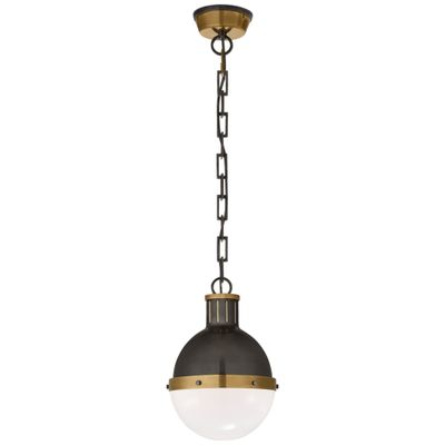 Thomas O'Brien Hicks Small Pendant in Bronze and Hand-Rubbed Antique Brass with White Glass Ceiling Light W8.5