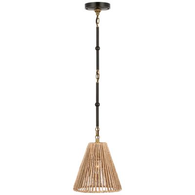 Thomas O'Brien Goodman Petite Hanging Shade in Bronze and Hand-Rubbed Antique Brass with Natural Abaca Shade Ceiling Light W9.5