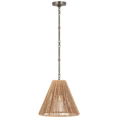 Thomas O'Brien Goodman Small Hanging Light in Antique Nickel with Natural Abaca Shade Ceiling Light W15