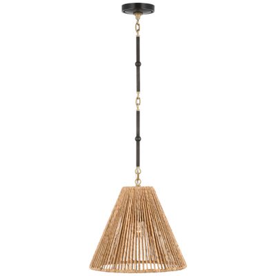 Thomas O'Brien Goodman Small Hanging Light in Bronze and Hand-Rubbed Antique Brass with Natural Abaca Shade Ceiling Light W15