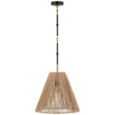 Thomas O'Brien Goodman Medium Hanging Light in Bronze and Hand-Rubbed Antique Brass with Natural Abaca Shade Ceiling Light W18