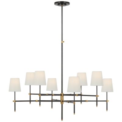 Thomas O'Brien Bryant Extra Large Two Tier Chandelier in Bronze and Hand-Rubbed Antique Brass with Linen Shades Ceiling Light W48