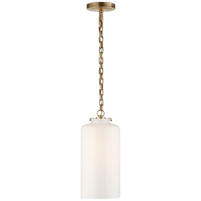 Thomas O'Brien Katie Cylinder Pendant in Hand-Rubbed Antique Brass with White Glass Ceiling Light W7
