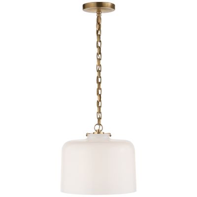 Thomas O'Brien Katie Dome Pendant in Hand-Rubbed Antique Brass with White Glass Ceiling Light W12