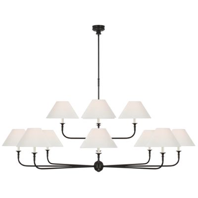 Thomas O'Brien Piaf Oversized Two Tier Chandelier in Aged Iron and Ebonized Oak with Linen Shades Ceiling Light W72