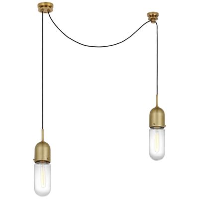 Thomas O'Brien Junio 2-Light Chandelier in Hand-Rubbed Antique Brass with Clear Glass Ceiling Light W5.5