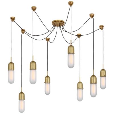 Thomas O'Brien Junio 8-Light Chandelier in Hand-Rubbed Antique Brass with Frosted Glass Ceiling Light W9.5